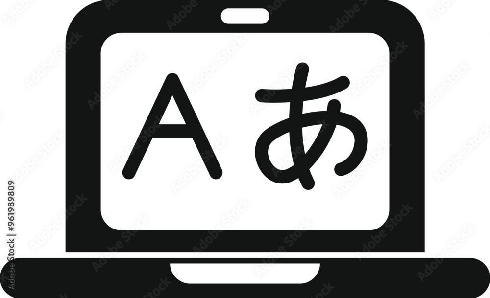 Poster this simple icon represents the concept of online language learning, with a laptop displaying both e