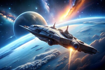 Fototapeta premium Spaceship soaring through vibrant cosmic skies with planets and stars in background