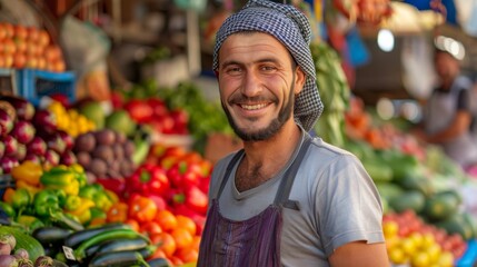 close-up portrait of a market merchant in Turkey selling vegetables on street market. our days