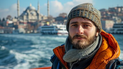 Mature handsome man drink turkish coffee sitting in small cafe with great view on Istanbul, Turkey
