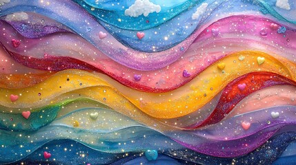 4. Dynamic abstract artwork featuring interwoven ribbons of rainbow colors, with clusters of pastel hearts, soft clouds, and glittering stars creating a sense of movement and whimsy