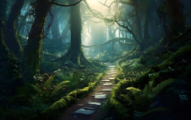 Mystical dark forest with winding trail ferns