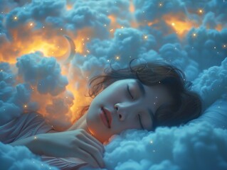 world sleep day. person peacefully sleeping amidst fluffy clouds, with stars twinkling above and a crescent moon casting its gentle glow.