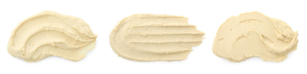 Tasty hummus on white background, top view