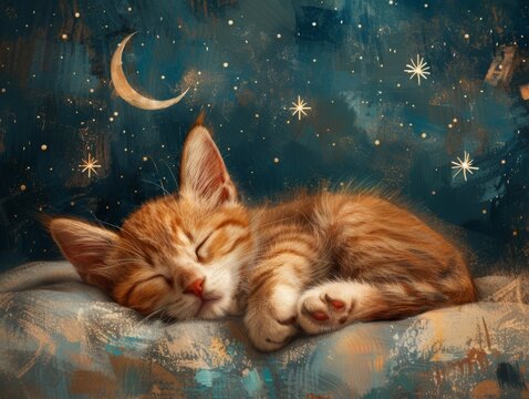 world sleep day. cat peacefully sleeping amidst fluffy clouds, with stars twinkling above and a crescent moon casting its gentle glow.
