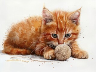 red tabby cat playing with a ball of yarn on the floor