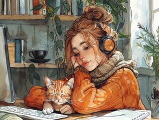 The girl works at the computer, and the cat sleeps