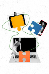 Collage concept of jigsaw teamwork challenge best friends girls playing puzzle game online using...