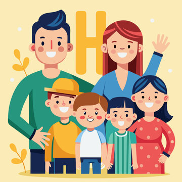Character happy family greeting say Hi Hello
