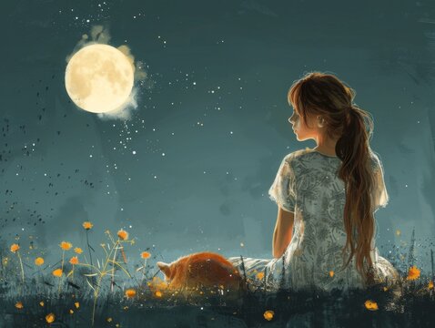 Night. The woman in pajamas and cat lies down