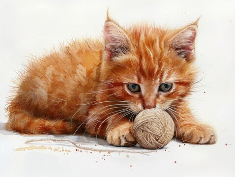 red tabby cat playing with a ball of yarn on the floor