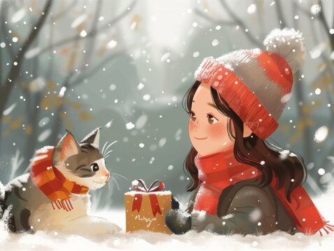 girl and the cat celebrate holidays together.