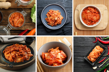 Delicious kimchi of Chinese cabbage, collage of photos. Traditional Korean dish