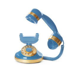 Elegant vintage light blue telephone isolated on white