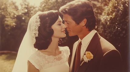 Timeless snapshots: old fashioned photograph from a 60s or 70s wedding, capturing the essence of love and nostalgia that freeze cherished moments in the elegance of past eras