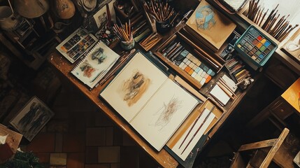 A top-down view of an artist workspace, with sketchbooks, pencils, and art supplies, symbolizing the learning process in art