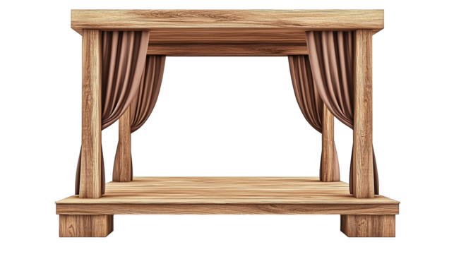Wooden vintage stage with curtains isolated on transparent or white background