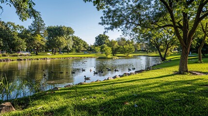 Fototapeta premium Tranquil Pond in a Lush Green Park