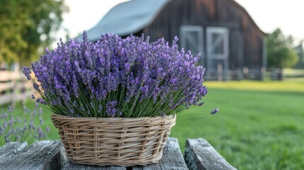 Fototapeta premium A basket full of freshly harvested lavender, set against a rustic wooden barn in the background