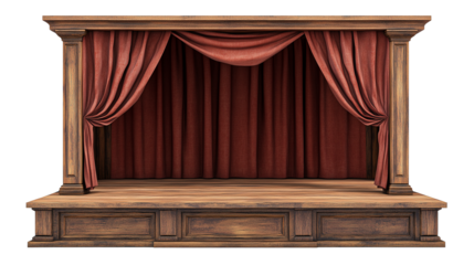 Wooden vintage stage with curtains isolated on transparent or white background 