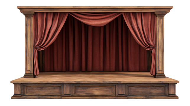 Wooden vintage stage with curtains isolated on transparent or white background