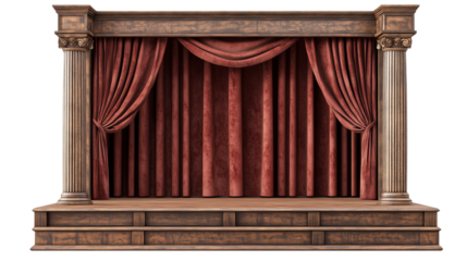 Wooden vintage stage with curtains isolated on transparent or white background 