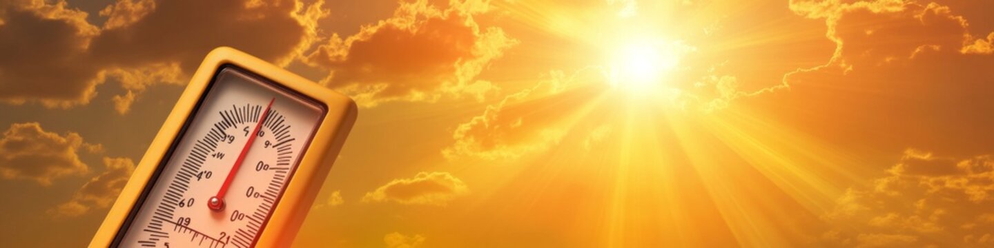 Scorching Summer Heat: AI-Generated 4K Heatwave Background with Vibrant Orange Sky and Blazing Sun Rays. Creative Abstract Thermometer Design for Marketing Campaigns, Bestselling Themes, and Seasonal 