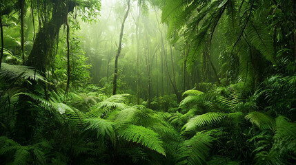 Obraz premium A serene and vibrant scene of lush Gondwana rainforests, with towering ferns and dense greenery bathed in soft, natural light.