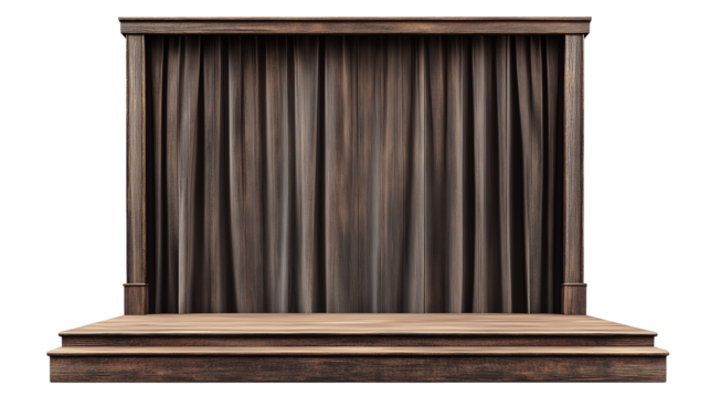 Wooden vintage stage with curtains isolated on transparent or white background