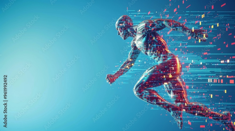 Poster a sleek, digitized human figure sprints forward, depicted in a dynamic pose with fragmented pixels t