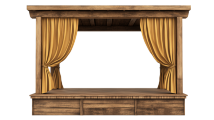 Wooden vintage stage with curtains isolated on transparent or white background 