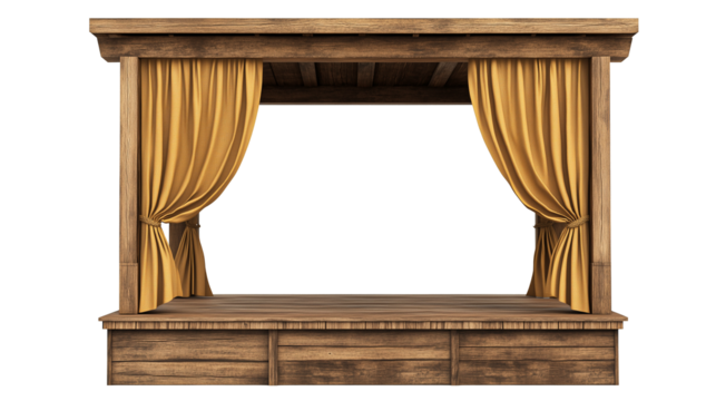 Wooden vintage stage with curtains isolated on transparent or white background 