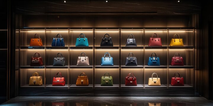 Luxury bag showcase with elegant lighting and sleek design, bag showcase, high-end fashion accessory