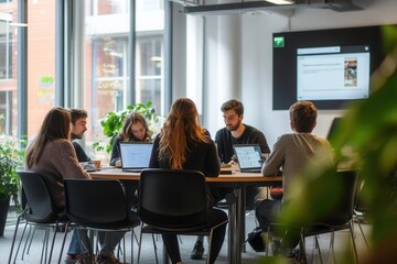 Group discussion in a modern co-working space, group discussion, collaborative learning environment