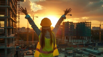 Construction worker celebrating at sunset, silhouetted against a vibrant sky and urban skyline