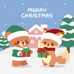 Adorable Christmas Bear and Fox Sharing Presents. Kawaii Holiday Scene. Bear and Fox with Christmas Gifts.