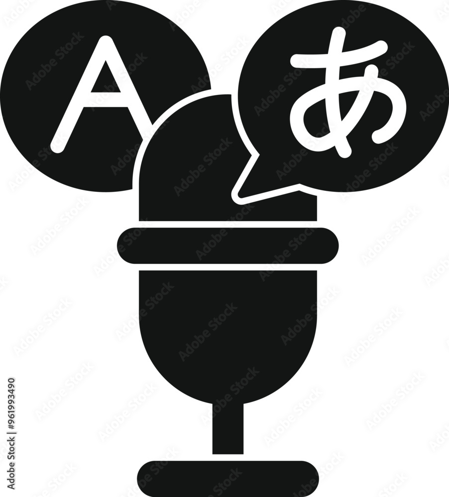 Poster simple icon of a microphone translating languages, featuring speech bubbles with english and japanes