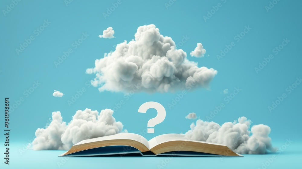 Poster a surreal image of an open book placed on a surface with a floating cloud and a question mark above,