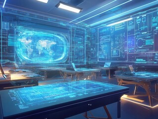 Futuristic education system with holographic displays, education system, modernized learning technology