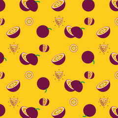 Passion Fruit seamless pattern, Farm fresh Passion Fruit product emblem for grocery shop, Slides, long and cross sections, and different positions, simple flat vector illustration of fruit.