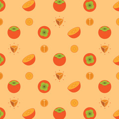 Orange Persimmon seamless pattern, Farm fresh Persimmon product emblem for grocery shop, Slides, long and cross sections, and different positions, simple flat vector illustration of Fruits.