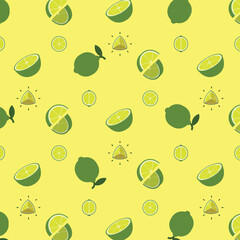 Green lemon seamless pattern, Farm fresh Sweet lime product emblem for grocery shop, Slides, long and cross sections, and different positions, simple flat vector illustration of vegetables and fruits.