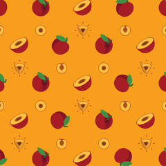 Red plum seamless pattern, Farm fresh Red plum product emblem for grocery shop, Slides, long and cross sections, and different positions, simple flat vector illustration of vegetables and fruits.