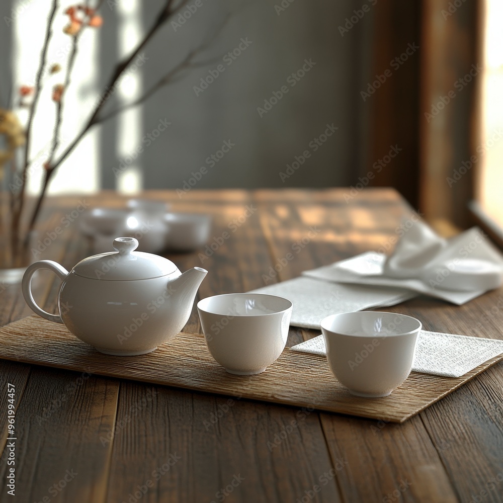 Poster serene tea time: neatly arranged clean cup and tea setup on table for relaxing break