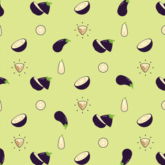 Eggplant seamless pattern, Farm fresh Eggplant product emblem for grocery shop, Slides, long and cross sections, and different positions, simple flat vector illustration of vegetables and fruits.