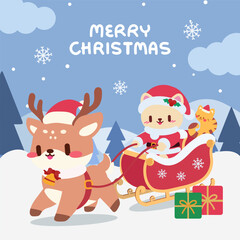 Adorable Christmas Cat in Sleigh Pulled by Reindeer. Kawaii Holiday Adventure. Cat Riding Sleigh with Reindeer.