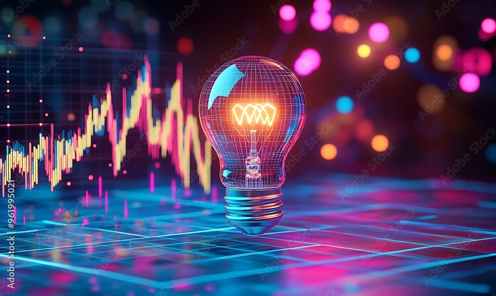 Poster illuminated light bulb on a neon grid with a blurred stock market graph in the background
