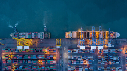 Aerial view container cargo ship  at commercial sea port, Global business logistic import export...
