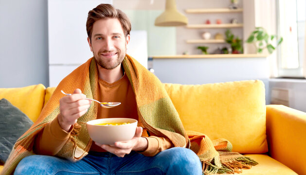 Kranker Mann isst H&uuml;hnersuppe auf dem Sofa 