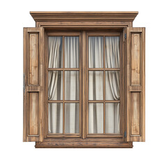 Wooden window with curtains front view vintage style isolated on transparent or white background